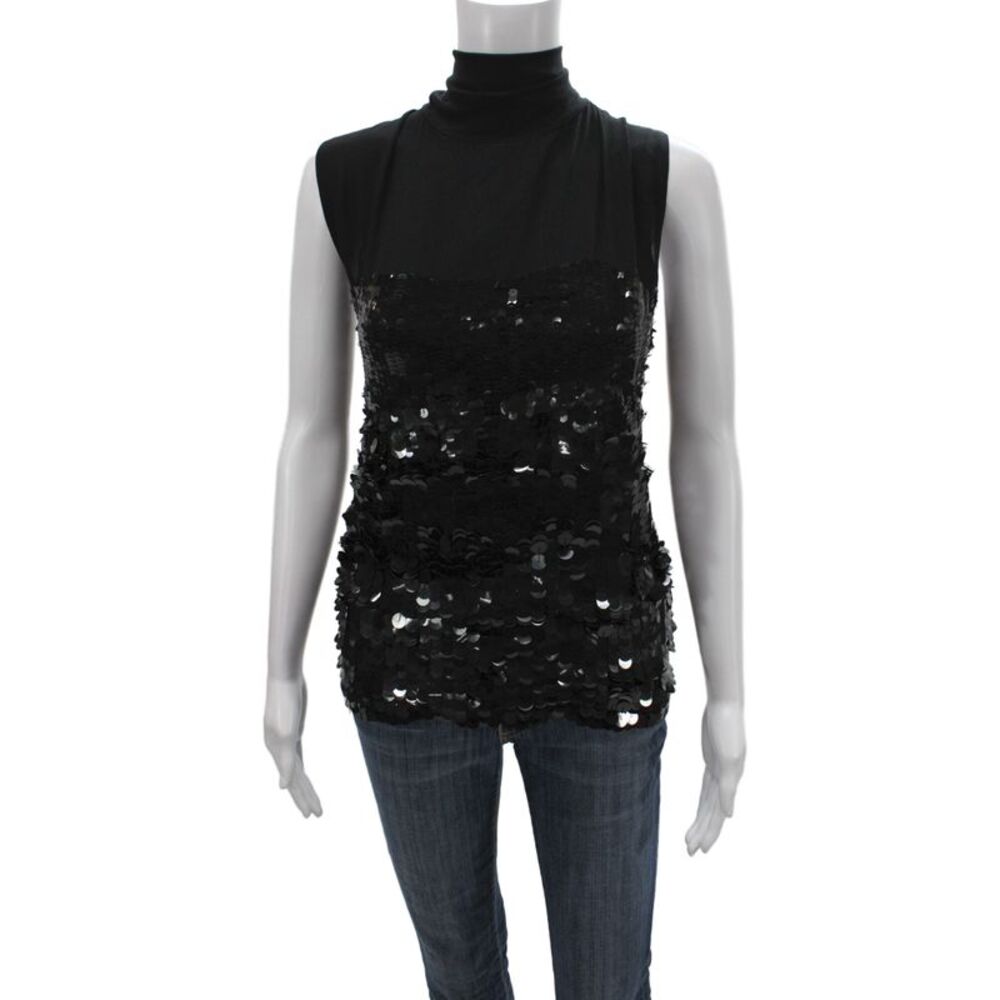 Parosh Women Black Silk Sequin Basic Tank Turtleneck Sleeveless Tie Size M